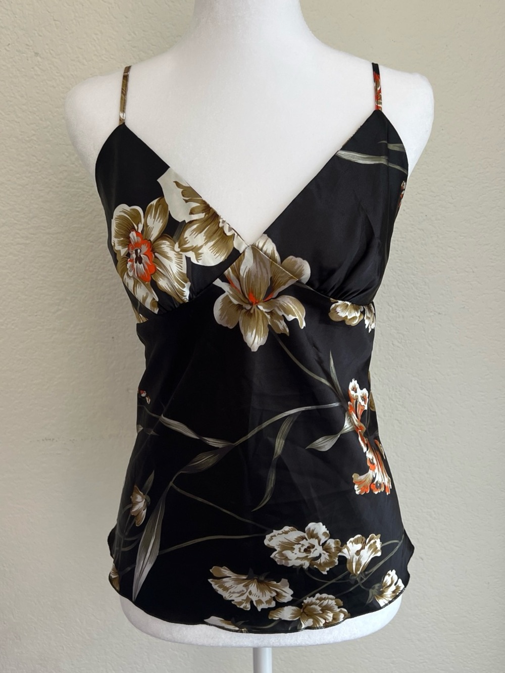 Black Floral Satin Cami with Cream & Tan Blooms